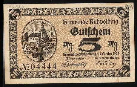 Notgeld Ruhpolding 1920, 5 Pfennig, Ortspartie mit Kirche