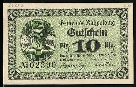 Notgeld Ruhpolding 1920, 10 Pfennig, Baum mit Wappen