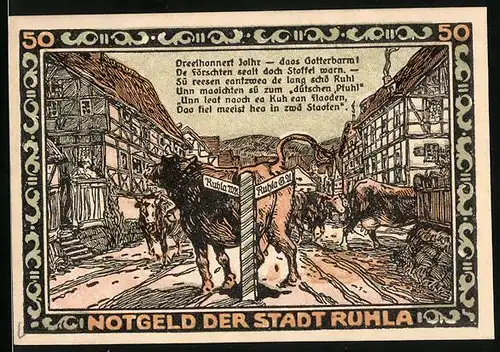 Notgeld Ruhla 1921, 50 Pfennig, Strassenpartie mit Rindern