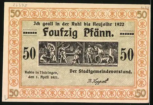 Notgeld Ruhla 1921, 50 Pfennig, Strassenpartie mit Rindern