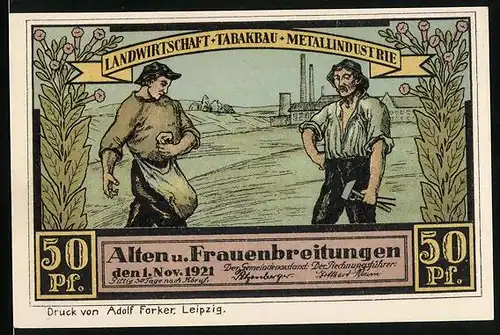 Notgeld Frauenbreitungen 1921, 50 Pfennig, Landwirtschaft-Tabakbau-Metallindustrie Alten u. Frauenbreitungen