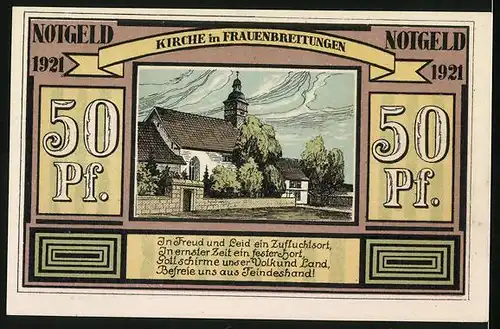 Notgeld Frauenbreitungen 1921, 50 Pfennig, Landwirtschaft-Tabakbau-Metallindustrie Alten u. Frauenbreitungen