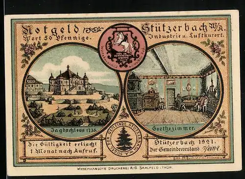 Notgeld Stützerbach /W.-A. 1921, 50 Pfennig, Jagdschloss 1735, Goethezimmer