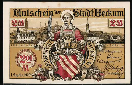 Notgeld Beckum 1920, 2 Mark, Ortspartie mit Kirche, Stadtwappen