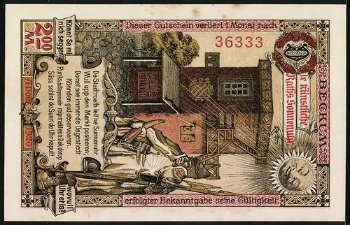 Notgeld Beckum 1920, 2 Mark, Ortspartie mit Kirche, Stadtwappen