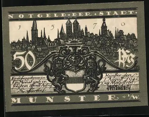 Notgeld Münster i. W. 1921, 50 Pfennig, Teilansicht mit Kirche, Stadtwappen