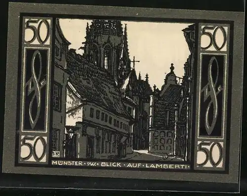 Notgeld Münster i. W. 1921, 50 Pfennig, Teilansicht mit Kirche, Stadtwappen