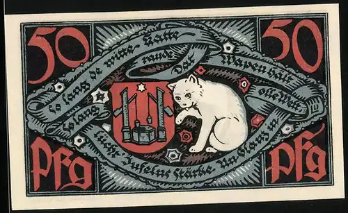 Notgeld Bad Salzuflen 1921, 50 Pfennig, Katze mit Stadtwappen