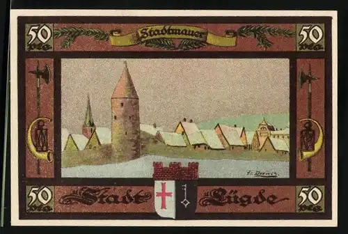 Notgeld Lügde 1921, 50 Pfennig, Stadtmauer im Schnee, Wappen