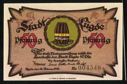 Notgeld Lügde 1921, 50 Pfennig, Stadtmauer im Schnee, Wappen