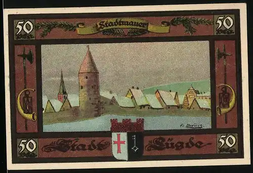 Notgeld Lügde 1921, 50 Pfennig, Stadtmauer im Schnee, Wappen