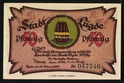 Notgeld Lügde 1921, 50 Pfennig, Stadtmauer im Schnee, Wappen