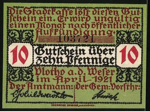 Notgeld Vlotho /Weser 1921, 10 Pfennig, Stadtwappen