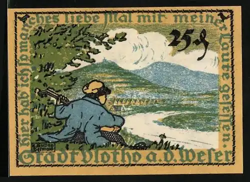 Notgeld Vlotho a. d. Weser 1921, 25 Pfennig, Mann mit Gitarre am Ufer