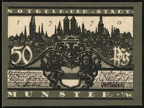 Notgeld Münster i. W. 1921, 50 Pfennig, Teilansicht mit Kirche, Stadtwappen