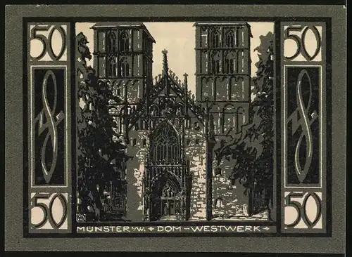 Notgeld Münster i. W. 1921, 50 Pfennig, Teilansicht mit Kirche, Stadtwappen