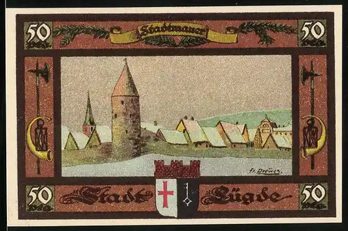 Notgeld Lügde 1921, 50 Pfennig, Stadtmauer im Schnee, Wappen