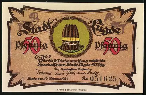 Notgeld Lügde 1921, 50 Pfennig, Stadtmauer im Schnee, Wappen