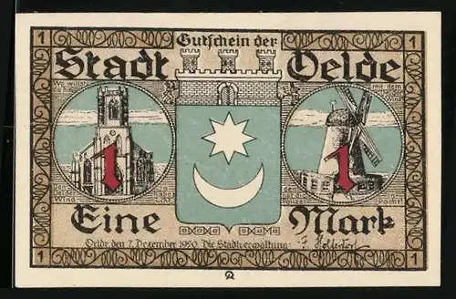 Notgeld Oelde 1920, 1 Mark, Kirche, Windmühle, Stadtwappen