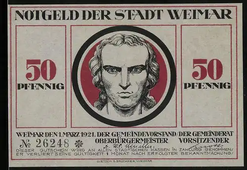 Notgeld Weimar, 50 Pfennig, Schillerportrait
