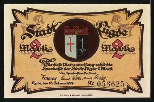 Notgeld Lügde 1921, 2 Mark, St. Kilianskirche