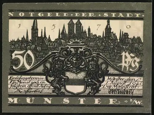 Notgeld Münster i. Westfalen 1921, 50 Pfennig, Rathaus