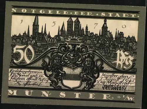 Notgeld Münster i. Westfalen 1921, 50 Pfennig, Blick auf Lamberti-Kirche