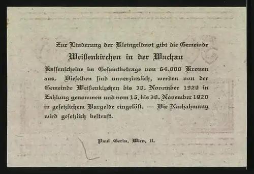 Notgeld Weissenkirchen in der Wachau 1920, 50 Heller, Ortspartie
