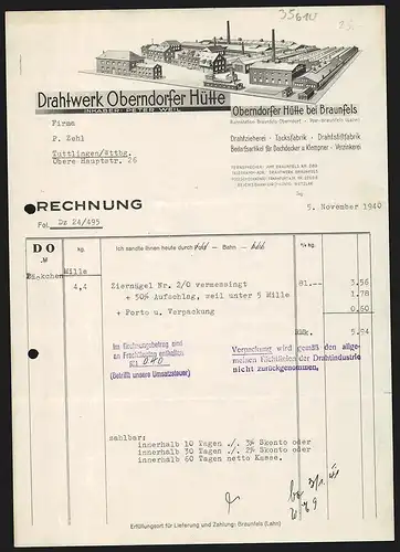 Rechnung Braunfels 1940, Drahtwerk Oberndorfer Hütte, Peter Weil, Totalansicht des Betriebes