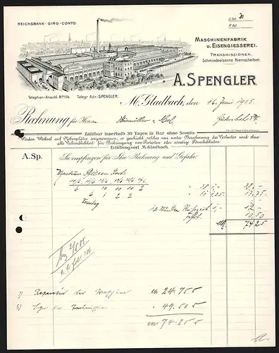 Rechnung M. Gladbach 1905, A. Spengler, Maschinenfabrik und Eisengiesserei, Pferdekutsch verlässt das Firmengelände