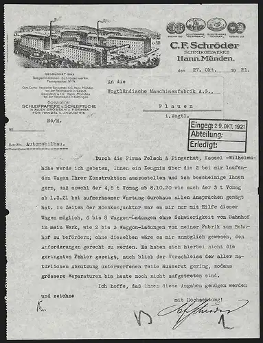 Rechnung Hann. Münden 1921, C. F. Schröder Schmirgelwerke, Auszeichnungen und das Fabrikgelände