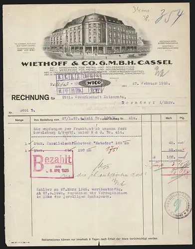 Rechnung Cassel 1925, Wiethoff & Co. GmbH, Maschinen, Werkzeuge und Bedarfsartikel für Metall- und Holzindustrie, Laden