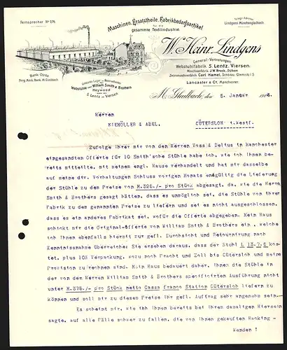 Rechnung M. Gladbach 1903, W. Heinr. Lindgens, Maschinen und Bedarfsartikel für die Textilindustrie, Fabrikansicht