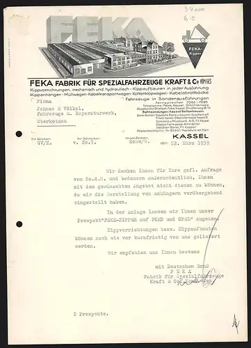 Rechnung Kassel 1939, FEKA - Kraft & Co. KG, Fabrik für Spezialfahrzeuge, Wersansicht und FEKA-Kipper-Symbol
