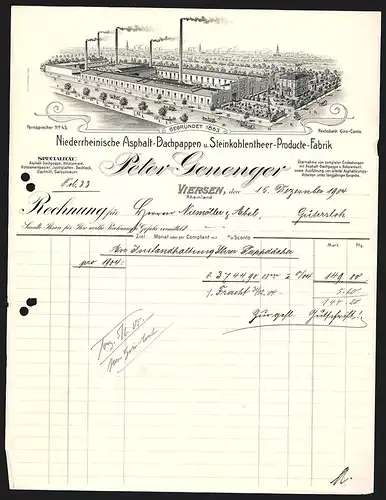 Rechnung Viersen 1904, Peter Genenger, Niederrheinische Asphalt-, Dachpappen- & Steinkohletheer-Fabrik, Werksansicht