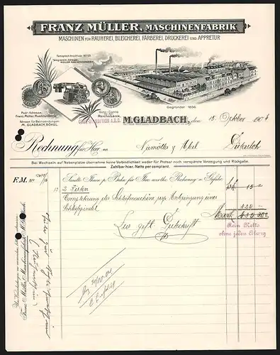Rechnung M. Gladbach 1904, Franz Müller, Maschinenfabrik, Prdukt- und Werksansicht, Auszeichnungen