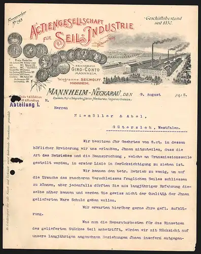 Rechnung Mannheim-Neckerau 1905, AG für Seil-Industrie, Blick auf die Produktionsstätte und Preis-Medaillen