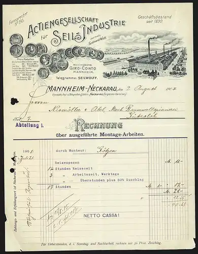 Rechnung Mannheim-Neckerau 1905, AG für Seil-Industrie, Blick auf die Produktionsstätte und Auszeichnungen