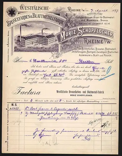Rechnung Rheine i. W. 1897, Moriz Schopflocher, Broncefarben- & Blattmetallfabrik, Transportzug am Firmengelände
