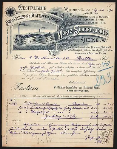 Rechnung Rheine i. W. 1896, Moriz Schopflocher, Broncefarben- & Blattmetallfabrik, Transportzug am Firmengelände