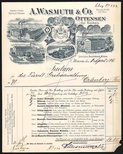 Rechnung Ottensen 1896, A. Wasmuth & Co., Geschäftsgebäude, Fabrikanlage, Lager, Transporthafen, Preis-Medaillen