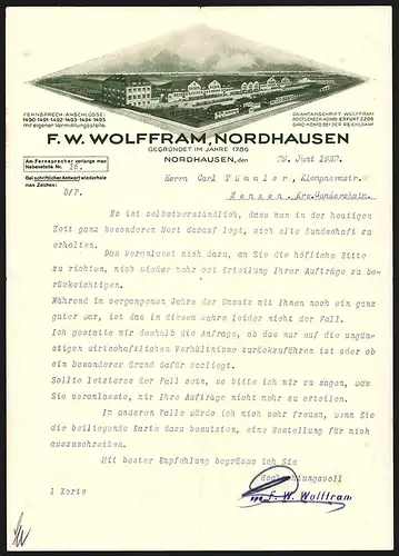 Rechnung Nordhausen 1932, Firma F. W. Wolffram, Lagerhäuser auf dem Betriebsgelände