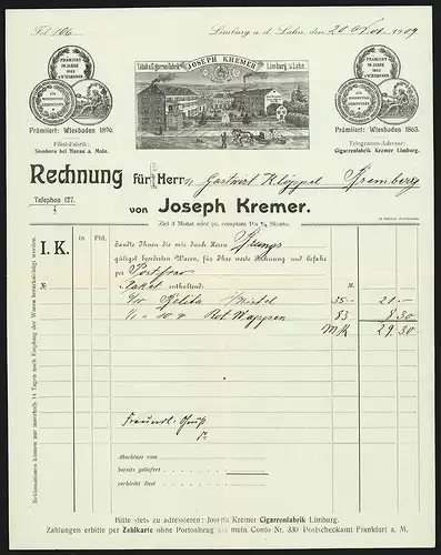 Rechnung Limburg a. d. Lahn 1909, Joseph Kremer, Tabak- und Cigarren-Fabrik, Werkansicht mit Brunnen und Medaillen