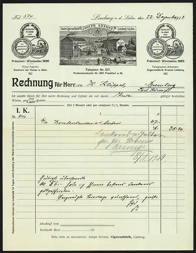 Rechnung Limburg a. d. Lahn 1913, Joseph Kremer, Tabak- und Cigarren-Fabrik, Werkansicht mit Brunnen und Medaillen