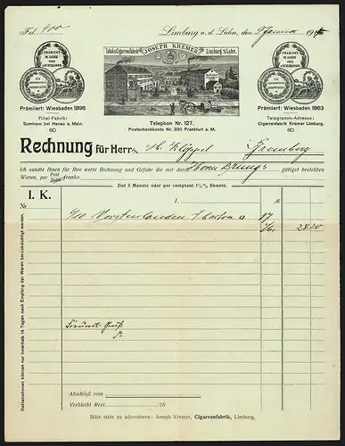 Rechnung Limburg a. d. Lahn 1914, Joseph Kremer, Tabak- und Cigarren-Fabrik, Werkansicht mit Brunnen und Medaillen