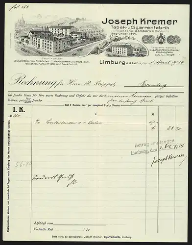 Rechnung Limburg a. d. Lahn 1914, Joseph Kremer, Tabak- und Cigarren-Fabrik, Werkansicht mit Brunnen und Auszeichnungen