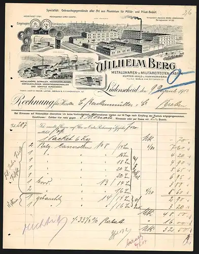 Rechnung Lüdenscheid 1903, Wilhelm Berg, Metallwaren- & Militäreffecten-Fabrik, Werke in Lüdenscheid und Eveking