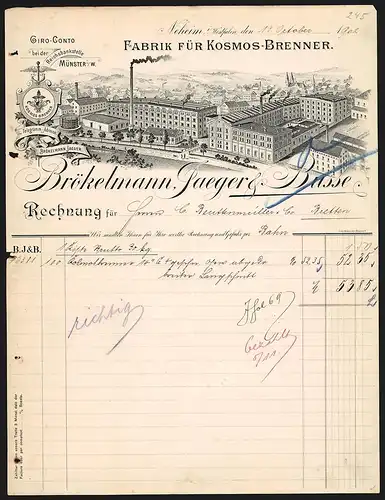 Rechnung Neheim i. Westfalen 1902, Brökelmann, Jaeger & Busse, Fabrik für Kosmos-Brenner, Ansicht des Fabrikgeländes
