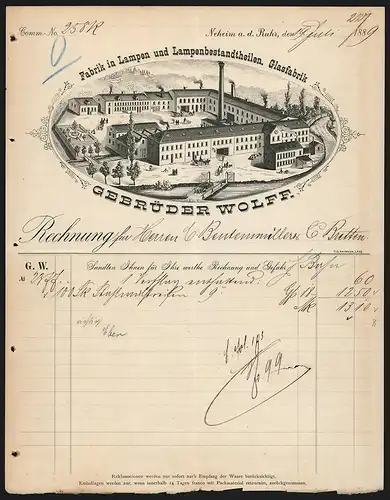 Rechnung Neheim a. d. Ruhr 1889, Gebrüder Wolff, Fabrik in Lampen und Lampenbestandtheilen, Das Fabrikgelände