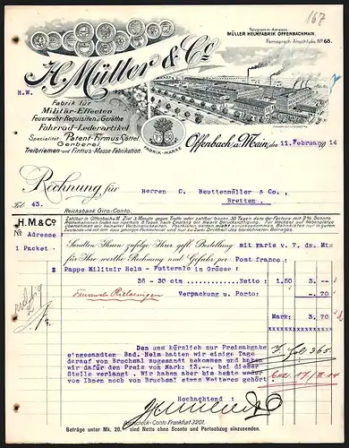 Rechnung Offenbach a. M. 1914, H. Müller & Co., Militär-Effecte und Feuerwehr-Requisiten, Werksansicht und Medaillen